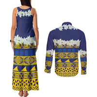 Tokelau Language Week Couples Matching Tank Maxi Dress and Long Sleeve Button Shirt Tokelauan Tuluma With Gardenia Thunbergia LT14 - Polynesian Pride