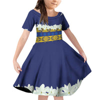 Tokelau Language Week Family Matching Off Shoulder Short Dress and Hawaiian Shirt Tokelauan Tuluma With Gardenia Thunbergia LT14 Daughter's Dress Blue - Polynesian Pride