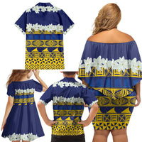 Tokelau Language Week Family Matching Off Shoulder Short Dress and Hawaiian Shirt Tokelauan Tuluma With Gardenia Thunbergia LT14 - Polynesian Pride