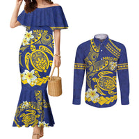 Te Vaiaho o te Gagana Tokelau Couples Matching Mermaid Dress and Long Sleeve Button Shirt Polynesian Turtle - Malo Ni! LT14 Blue - Polynesian Pride