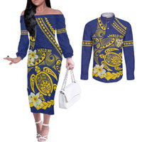 Te Vaiaho o te Gagana Tokelau Couples Matching Off The Shoulder Long Sleeve Dress and Long Sleeve Button Shirt Polynesian Turtle - Malo Ni! LT14 Blue - Polynesian Pride