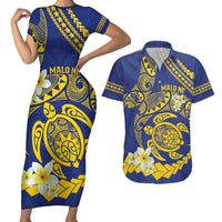 Te Vaiaho o te Gagana Tokelau Couples Matching Short Sleeve Bodycon Dress and Hawaiian Shirt Polynesian Turtle - Malo Ni! LT14 Blue - Polynesian Pride