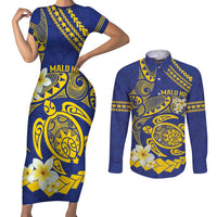 Te Vaiaho o te Gagana Tokelau Couples Matching Short Sleeve Bodycon Dress and Long Sleeve Button Shirt Polynesian Turtle - Malo Ni! LT14 Blue - Polynesian Pride