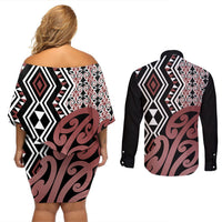 New Zealand Couples Matching Off Shoulder Short Dress and Long Sleeve Button Shirt Aotearoa Kowhaiwhai Mix Taniko Art LT14 - Polynesian Pride