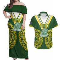 Custom Avaiki Cook Islands Rugby Couples Matching Off Shoulder Maxi Dress and Hawaiian Shirt Kuki Airani Tatau Green LT14 Green - Polynesian Pride