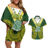 Custom Avaiki Cook Islands Rugby Couples Matching Off Shoulder Short Dress and Hawaiian Shirt Kuki Airani Tatau Green LT14 Green - Polynesian Pride