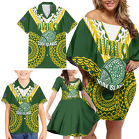 Custom Avaiki Cook Islands Rugby Family Matching Off Shoulder Short Dress and Hawaiian Shirt Kuki Airani Tatau Green LT14 - Polynesian Pride