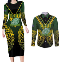 Custom Avaiki Cook Islands Rugby Couples Matching Long Sleeve Bodycon Dress and Long Sleeve Button Shirt Kuki Airani Tatau Black LT14 Black - Polynesian Pride