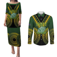 Custom Avaiki Cook Islands Rugby Couples Matching Puletasi and Long Sleeve Button Shirt Kuki Airani Tatau Black - Polynesian Pride