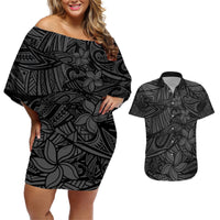 Polynesia Couples Matching Off Shoulder Short Dress and Hawaiian Shirt Polynesian Pattern Mix Plumeria Black LT14 Black - Polynesian Pride
