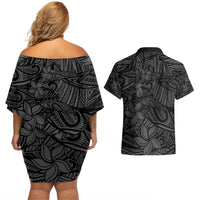 Polynesia Couples Matching Off Shoulder Short Dress and Hawaiian Shirt Polynesian Pattern Mix Plumeria Black LT14 - Polynesian Pride