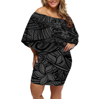 Polynesia Off Shoulder Short Dress - Polynesian Pattern Mix Plumeria Black LT14 Women Black - Polynesian Pride