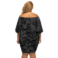 Polynesia Off Shoulder Short Dress - Polynesian Pattern Mix Plumeria Black LT14 - Polynesian Pride