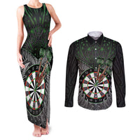 Personalised New Zealand Darts Couples Matching Tank Maxi Dress and Long Sleeve Button Shirt Dartboard Maori Fern Puhoro Art LT14 Black - Polynesian Pride