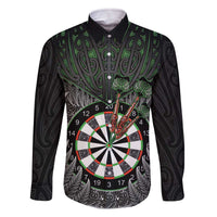 Personalised New Zealand Darts Family Matching Off The Shoulder Long Sleeve Dress and Hawaiian Shirt Dartboard Maori Fern Puhoro Art LT14 Dad's Shirt - Long Sleeve Black - Polynesian Pride