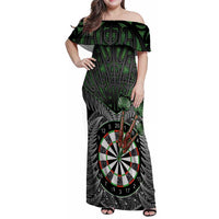 Personalised New Zealand Darts Family Matching Off Shoulder Maxi Dress and Hawaiian Shirt Dartboard Maori Fern Puhoro Art LT14 Mom's Dress Black - Polynesian Pride