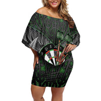 Personalised New Zealand Darts Family Matching Off Shoulder Short Dress and Hawaiian Shirt Dartboard Maori Fern Puhoro Art LT14 Mom's Dress Black - Polynesian Pride