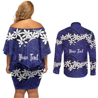 Personalised Cook Islands Pukapuka Couples Matching Off Shoulder Short Dress and Long Sleeve Button Shirt Tiare Maori Polynesian Waves Tattoo