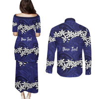 Personalised Cook Islands Pukapuka Couples Matching Puletasi and Long Sleeve Button Shirt Tiare Maori Polynesian Waves Tattoo