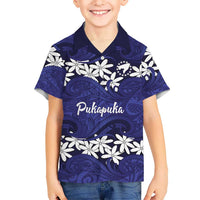 Personalised Cook Islands Pukapuka Family Matching Off Shoulder Short Dress and Hawaiian Shirt Tiare Maori Polynesian Waves Tattoo LT14 Son's Shirt Blue - Polynesian Pride