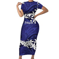 Personalised Cook Islands Pukapuka Family Matching Short Sleeve Bodycon Dress and Hawaiian Shirt Tiare Maori Polynesian Waves Tattoo LT14 Mom's Dress Blue - Polynesian Pride