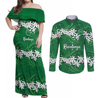 Personalised Cook Islands Rarotonga Couples Matching Off Shoulder Maxi Dress and Long Sleeve Button Shirt Tiare Maori Polynesian Waves Tattoo