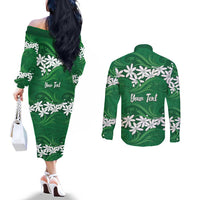 Personalised Cook Islands Rarotonga Couples Matching Off The Shoulder Long Sleeve Dress and Long Sleeve Button Shirt Tiare Maori Polynesian Waves Tattoo
