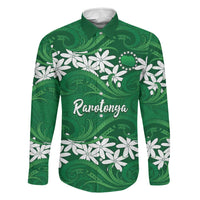 Personalised Cook Islands Rarotonga Family Matching Off Shoulder Short Dress and Hawaiian Shirt Tiare Maori Polynesian Waves Tattoo LT14 Dad's Shirt - Long Sleeve Green - Polynesian Pride