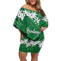 Personalised Cook Islands Rarotonga Family Matching Off Shoulder Short Dress and Hawaiian Shirt Tiare Maori Polynesian Waves Tattoo LT14 Mom's Dress Green - Polynesian Pride