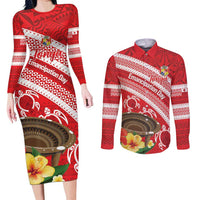 Kingdom Of Tonga Emancipation Day Couples Matching Long Sleeve Bodycon Dress and Long Sleeve Button Shirt Tongan Ngatu With Kumete Red