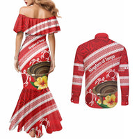 Kingdom Of Tonga Emancipation Day Couples Matching Mermaid Dress and Long Sleeve Button Shirt Tongan Ngatu With Kumete Red