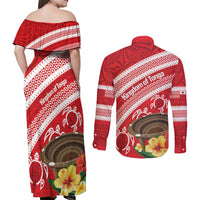 Kingdom Of Tonga Emancipation Day Couples Matching Off Shoulder Maxi Dress and Long Sleeve Button Shirt Tongan Ngatu With Kumete Red LT14 - Polynesian Pride