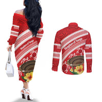 Kingdom Of Tonga Emancipation Day Couples Matching Off The Shoulder Long Sleeve Dress and Long Sleeve Button Shirt Tongan Ngatu With Kumete Red