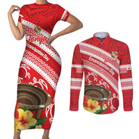 Kingdom Of Tonga Emancipation Day Couples Matching Short Sleeve Bodycon Dress and Long Sleeve Button Shirt Tongan Ngatu With Kumete Red