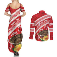 Kingdom Of Tonga Emancipation Day Couples Matching Summer Maxi Dress and Long Sleeve Button Shirt Tongan Ngatu With Kumete Red