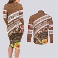 Kingdom Of Tonga Emancipation Day Couples Matching Long Sleeve Bodycon Dress and Long Sleeve Button Shirt Tongan Ngatu With Kumete Brown