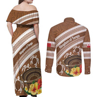 Kingdom Of Tonga Emancipation Day Couples Matching Off Shoulder Maxi Dress and Long Sleeve Button Shirt Tongan Ngatu With Kumete Brown LT14 - Polynesian Pride