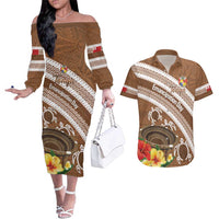 Kingdom Of Tonga Emancipation Day Couples Matching Off The Shoulder Long Sleeve Dress and Hawaiian Shirt Tongan Ngatu With Kumete Brown