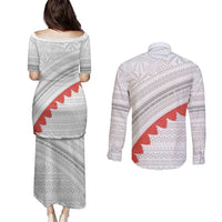 Tonga White Sunday Couples Matching Puletasi and Long Sleeve Button Shirt Heilala Flowers Tongan Ngatu Pattern LT14 - Polynesian Pride