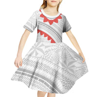 Tonga White Sunday Kid Short Sleeve Dress Heilala Flowers Tongan Ngatu Pattern