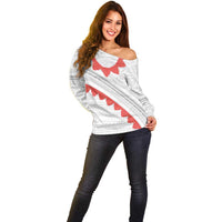 Tonga White Sunday Off Shoulder Sweater Heilala Flowers Tongan Ngatu Pattern