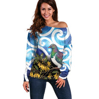 Kekeru New Zealand Matariki Off Shoulder Sweater Kukupa Kowhai Maori New Year Blue Version