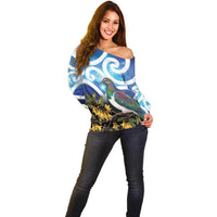 Kekeru New Zealand Matariki Off Shoulder Sweater Kukupa Kowhai Maori New Year Blue Version
