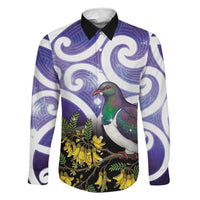 Kekeru New Zealand Matariki Family Matching Off The Shoulder Long Sleeve Dress and Hawaiian Shirt Kukupa Kowhai Maori New Year Purple Version LT14 Dad's Shirt - Long Sleeve Purple - Polynesian Pride