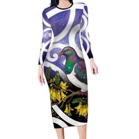 Kekeru New Zealand Matariki Long Sleeve Bodycon Dress Kukupa Kowhai Maori New Year Purple Version LT14 Long Dress Purple - Polynesian Pride