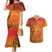 French Polynesia Manta Ray Tattoo Couples Matching Mermaid Dress and Hawaiian Shirt Tahiti Hahalua Tiare Maori Gradient Style LT14 Orange - Polynesian Pride