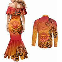 French Polynesia Manta Ray Tattoo Couples Matching Mermaid Dress and Long Sleeve Button Shirt Tahiti Hahalua Tiare Maori Gradient Style