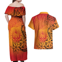 French Polynesia Manta Ray Tattoo Couples Matching Off Shoulder Maxi Dress and Hawaiian Shirt Tahiti Hahalua Tiare Maori Gradient Style