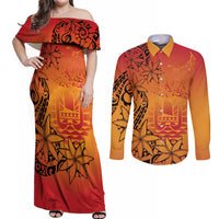 French Polynesia Manta Ray Tattoo Couples Matching Off Shoulder Maxi Dress and Long Sleeve Button Shirt Tahiti Hahalua Tiare Maori Gradient Style