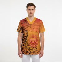 French Polynesia Manta Ray Tattoo Scrub Top Tahiti Hahalua Tiare Maori Gradient Style